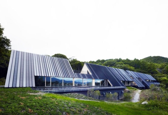 Kengo Kuma & Associates, Ando Momofuku Centre, rainwater reuse, Japan green building, eco center, outdoor center, A frame, natural cooling, Koromo,