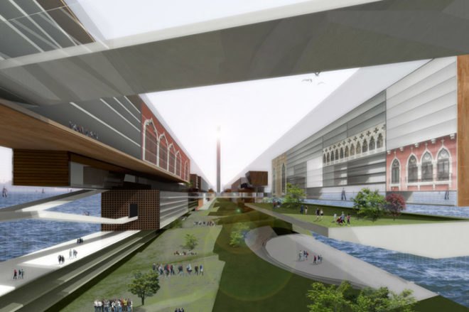 link venice, led architecture, industrial revitalization, urban renewal, solar tower, solar power, marghera italy, marghera venice, led screens, mixed use building, eco-architecture, renewable energy