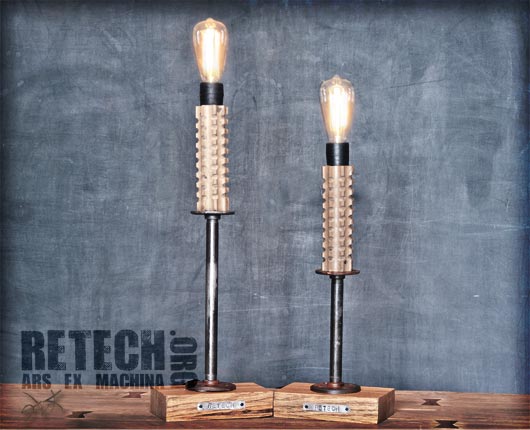 ReTech, salvaged materials, recycled lamps, lamp design, green lamp design, sustainable furniture design, repurposed industrial materials, reused objects