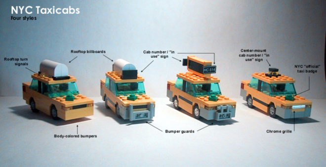 Sean Kenney NYC Taxis in LEGOs, lego taxis, sean kenney, sean kenney lego art, lego art nyc, sean kenney legos