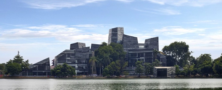 Denton Corker Marshall, green roof, green mound, towering tables, University of Indonesia, central library, daylighting, skylights, green design, sustainable design, eco design, rainwater harvest,