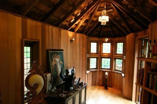 Blue Forest, Thatched roof, Cliffside Lodge, wrapped around a tree, western red cedar, rope bridge, hanging bridge, tree house, Green Materials, architecture, Treehouses