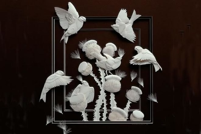 art, compostable / recycling, biodegradable materials, Calvin Nicholls, hummingbird, archival paper, fox, woodland, Canada, Ontario, paper art, paper knife, delicate art, paper sculptures, Recycling / Compost, animals