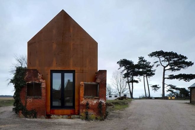 Haworth Tompkins, dovecoat, Dovecote Studio, prefab shelter, suffolk, Aldeburgh Music School, victorian ruins, red bricks, Prefab Housing, Green Lighting, Sustainable Building