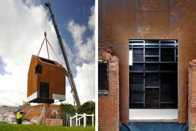 Haworth Tompkins, dovecoat, Dovecote Studio, prefab shelter, suffolk, Aldeburgh Music School, victorian ruins, red bricks, Prefab Housing, Green Lighting, Sustainable Building