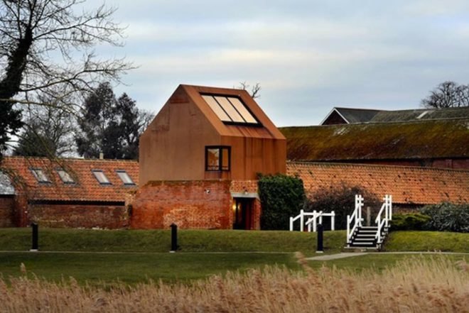 Haworth Tompkins, dovecoat, Dovecote Studio, prefab shelter, suffolk, Aldeburgh Music School, victorian ruins, red bricks, Prefab Housing, Green Lighting, Sustainable Building