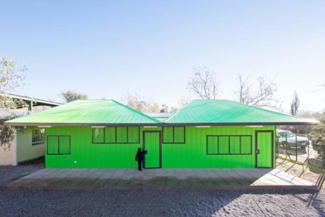 LAND Arquitectos, green schools, Chile, Santiago, Long-lasting materials, affordable materials, insulation, ventilation, Fluorescent Green Shelters, prefab architecture, Daylighting