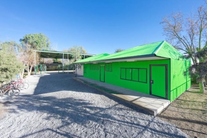 LAND Arquitectos, green schools, Chile, Santiago, Long-lasting materials, affordable materials, insulation, ventilation, Fluorescent Green Shelters, prefab architecture, Daylighting