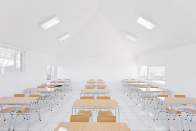 LAND Arquitectos, green schools, Chile, Santiago, Long-lasting materials, affordable materials, insulation, ventilation, Fluorescent Green Shelters, prefab architecture, Daylighting