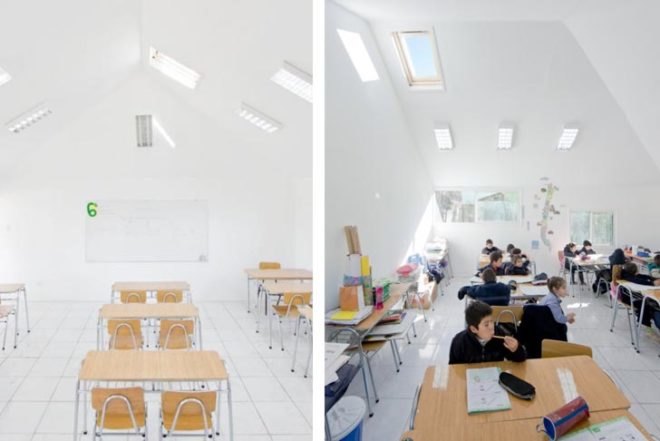 LAND Arquitectos, green schools, Chile, Santiago, Long-lasting materials, affordable materials, insulation, ventilation, Fluorescent Green Shelters, prefab architecture, Daylighting