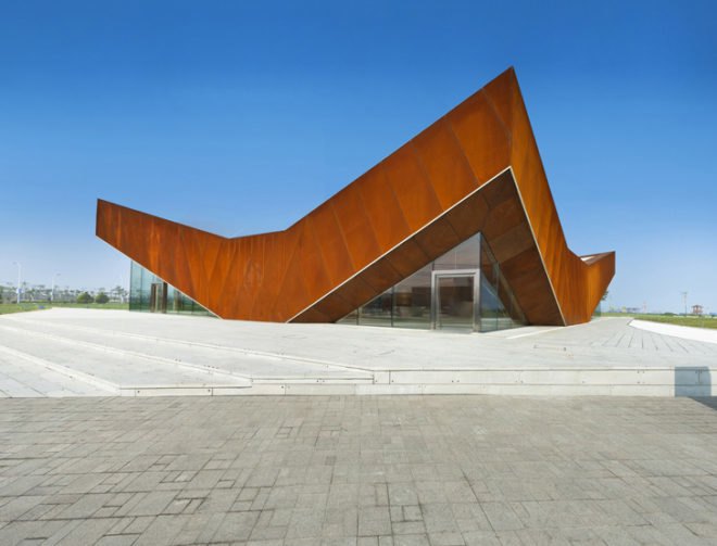 green design, eco design, sustainable design, Ministry of Design, Vanke, Triple V Gallery. Cor-ten Steel, glass curtain, China, Pitched roof architecture, Dong Jiang Bay