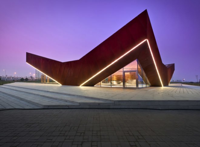 green design, eco design, sustainable design, Ministry of Design, Vanke, Triple V Gallery. Cor-ten Steel, glass curtain, China, Pitched roof architecture, Dong Jiang Bay