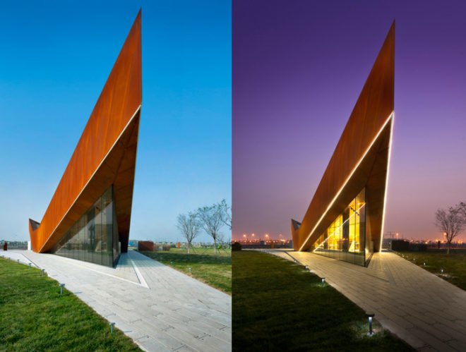 green design, eco design, sustainable design, Ministry of Design, Vanke, Triple V Gallery. Cor-ten Steel, glass curtain, China, Pitched roof architecture, Dong Jiang Bay