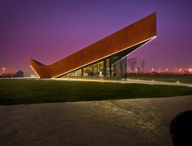 green design, eco design, sustainable design, Ministry of Design, Vanke, Triple V Gallery. Cor-ten Steel, glass curtain, China, Pitched roof architecture, Dong Jiang Bay