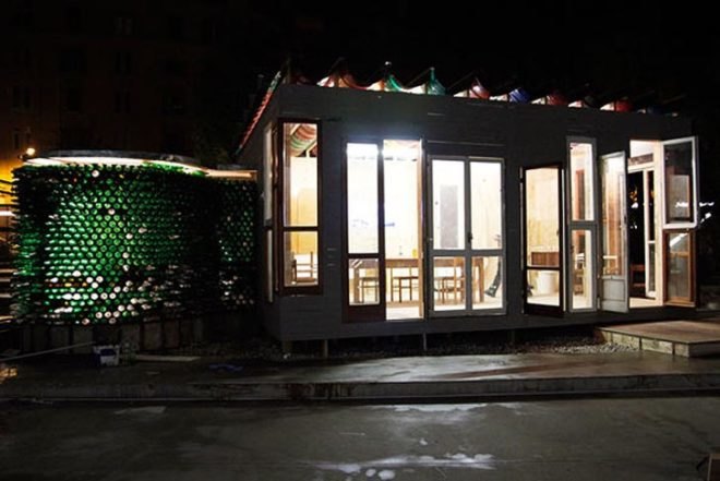 Raumlabor, Officina Roma, "RE-cycle. Strategies for Architecture, City and Planet", rome, italy, recycled materials, temporary architecture, recycled oil barrels, recycled bottles, recycled wood, recycled windows, architecture, art, green Interiors, Recycled Materials