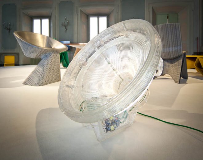 3d printing robots, satellite floor lamp, milan design week, the future in the making, endless robot, dirk van der kooij, domus academy, audi design, milan furniture fair, green lighting, recycled materials