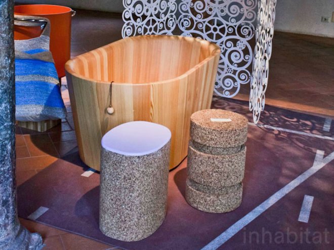 recycled waste, recycled materials, green materials, milan design week, milan furniture fair, milan design, milan design week 2012, salone mobile, Torre Coccaro Hotel, luxury eco furnishings, Bathtub Ofurò, Wood Bathtub