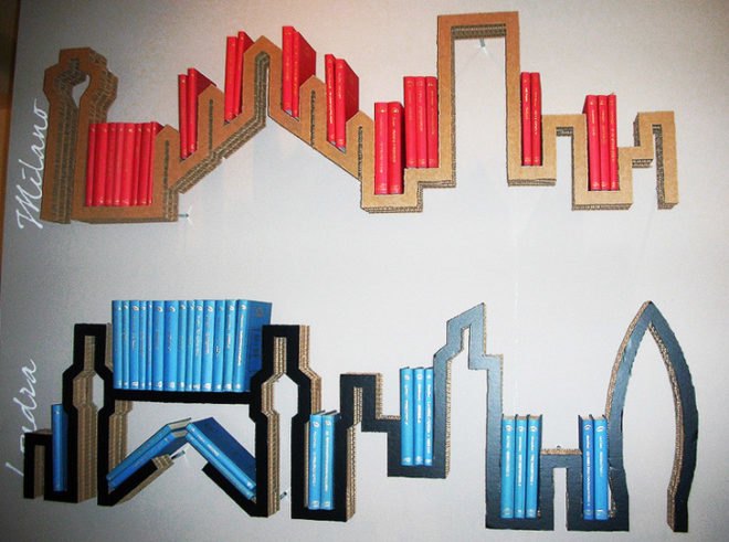 Andrés Cordob, city skyline bookshelf, corrugated cardboard bookshelf, cardboard furniture, Alpac, recyclable furniture