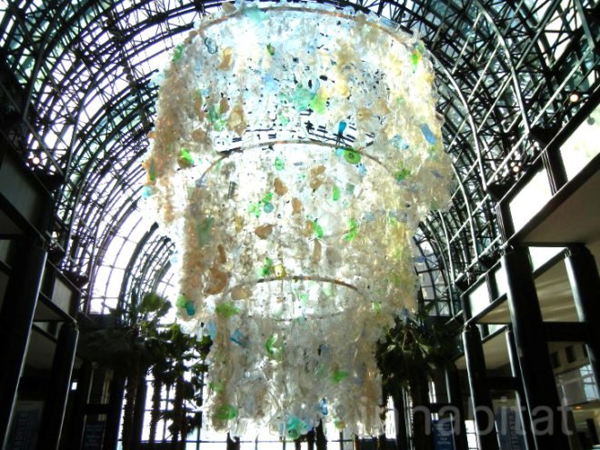 Katharine Harvey, arts brookfield, recycled chandelier, recycled plastic bottles, bottle chandelier, recycled art, green art,