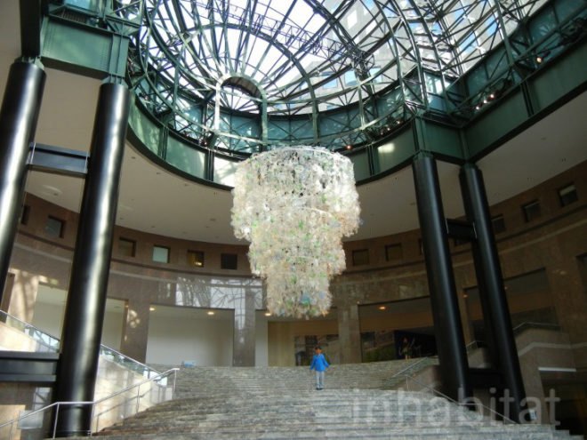 Katharine Harvey, arts brookfield, recycled chandelier, recycled plastic bottles, bottle chandelier, recycled art, green art,
