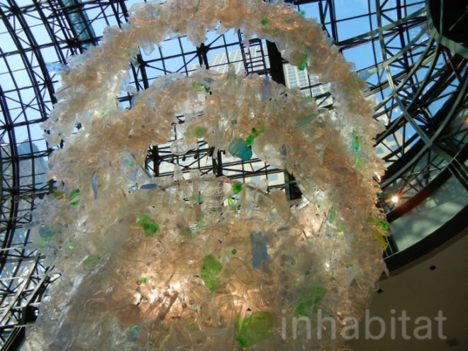 Katharine Harvey, arts brookfield, recycled chandelier, recycled plastic bottles, bottle chandelier, recycled art, green art,