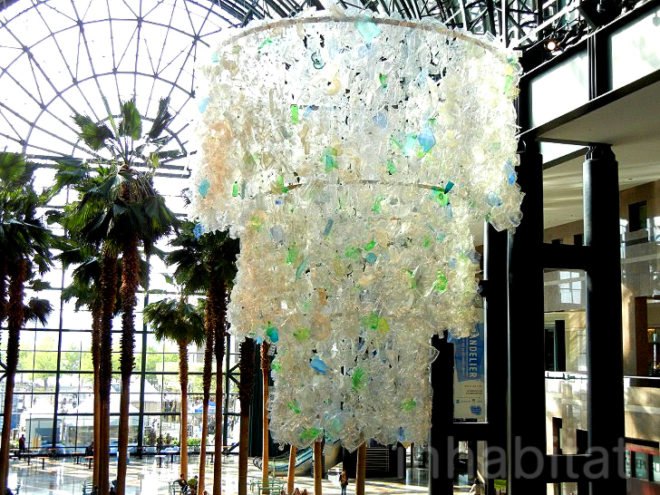 Katharine Harvey, arts brookfield, recycled chandelier, recycled plastic bottles, bottle chandelier, recycled art, green art,