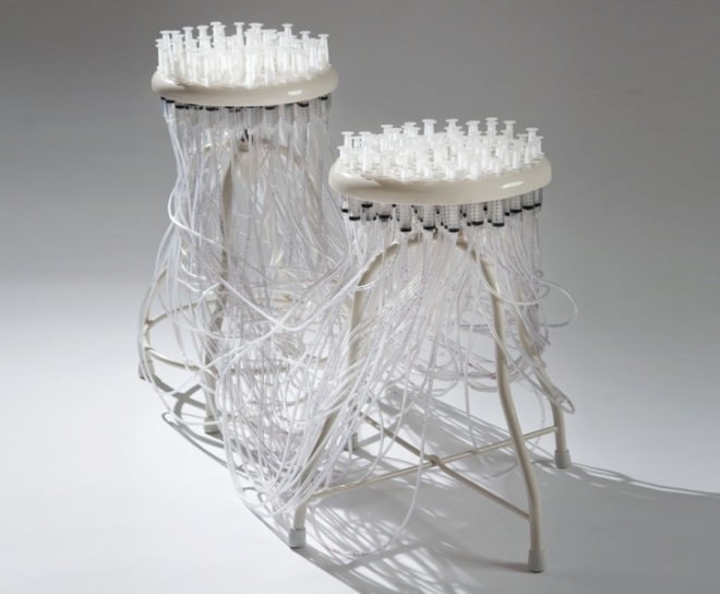 jamie wolfond, communicable seats, stool, medical, syringe, RISD, Milan furniture fair, risd, risd transformations, green design, sustainable design, recycled materials, sustainable materials, green furniture, sustainable furniture, rhode island school of design