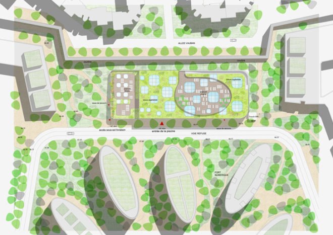 Mikou Design Studio, Green-Roofed Community Center, green Swimming Pool, paris architecture, green roof pool center, water inspired architecture, piscine du fort, public swimming facilities