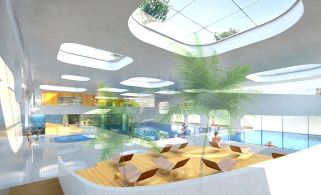 Mikou Design Studio, Green-Roofed Community Center, green Swimming Pool, paris architecture, green roof pool center, water inspired architecture, piscine du fort, public swimming facilities