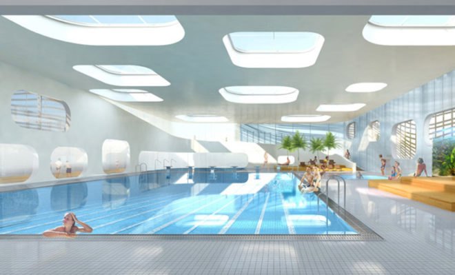 Mikou Design Studio, Green-Roofed Community Center, green Swimming Pool, paris architecture, green roof pool center, water inspired architecture, piscine du fort, public swimming facilities