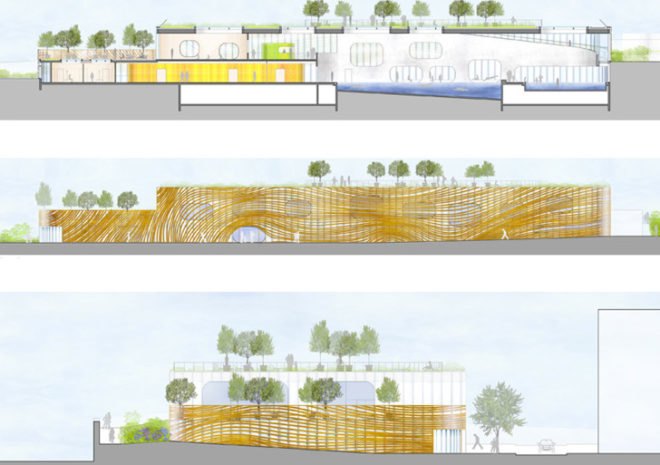 Mikou Design Studio, Green-Roofed Community Center, green Swimming Pool, paris architecture, green roof pool center, water inspired architecture, piscine du fort, public swimming facilities