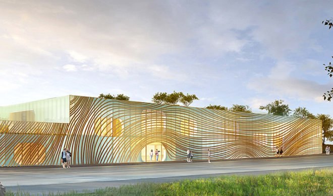 Mikou Design Studio, Green-Roofed Community Center, green Swimming Pool, paris architecture, green roof pool center, water inspired architecture, piscine du fort, public swimming facilities