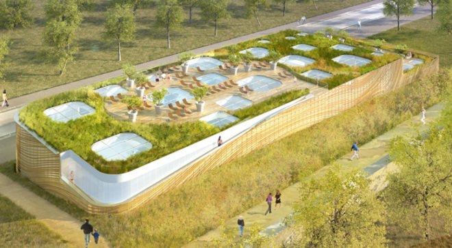 Mikou Design Studio, Green-Roofed Community Center, green Swimming Pool, paris architecture, green roof pool center, water inspired architecture, piscine du fort, public swimming facilities