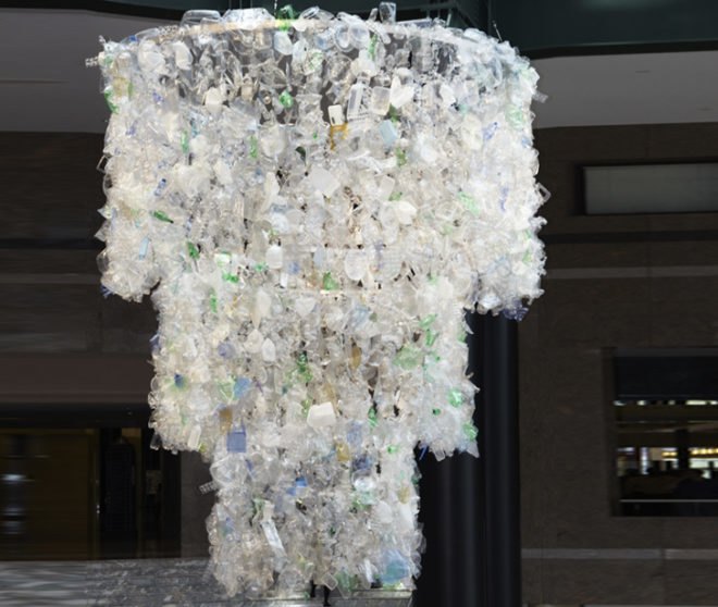 Katharine Harvey, arts brookfield, recycled chandelier, recycled plastic bottles, bottle chandelier, recycled art, green art,