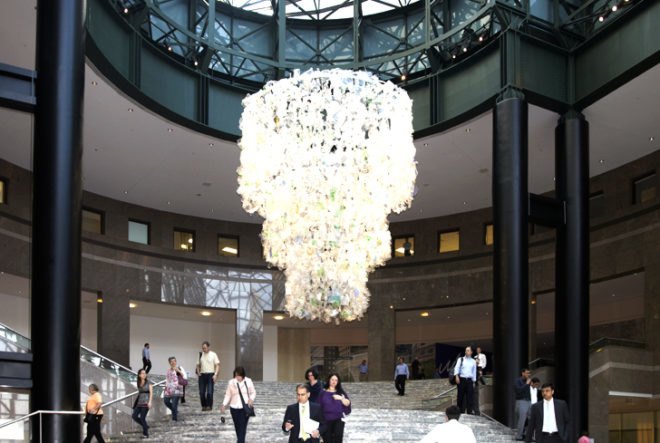 Katharine Harvey, arts brookfield, recycled chandelier, recycled plastic bottles, bottle chandelier, recycled art, green art,