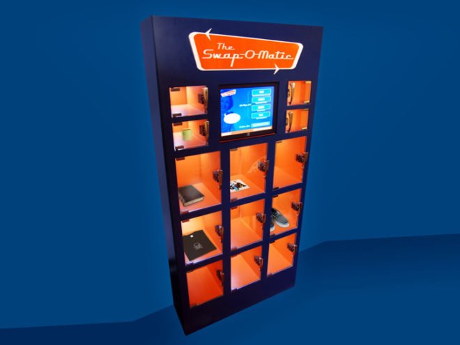 gadget recycling, recycling programs, ny donation programs, ny recycling programs, ny vending machines, swap-o-matic, free vending machine, Lina Fenequito, clothing vending machine
