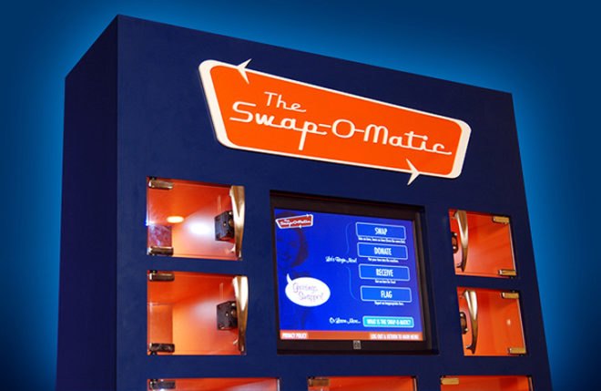 gadget recycling, recycling programs, ny donation programs, ny recycling programs, ny vending machines, swap-o-matic, free vending machine, Lina Fenequito, clothing vending machine