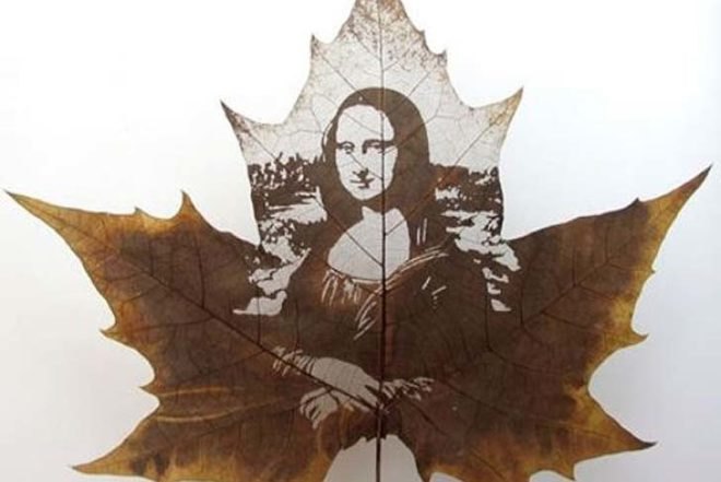 Foliages Art, Leaves carving, Ephemeral Pictures, Chinese art, Mona Lisa, ephemeral art