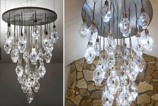 green design, eco design, sustainable design, BRC Design Studio, Benjamin Rollins Caldwell, Recycled chandelier, LED chandelier, recycled light bulb chandelier