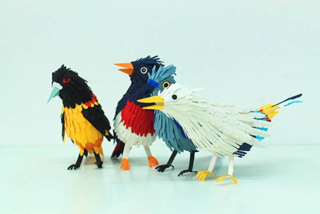 Diana Beltran Herrera, paper birds, paper sculptures, biodegradable paper, colorful birds, Blackbirds, Hummingbirds, swans, toucans, Colombian art, Art, Green Materials, Recycling / Compost