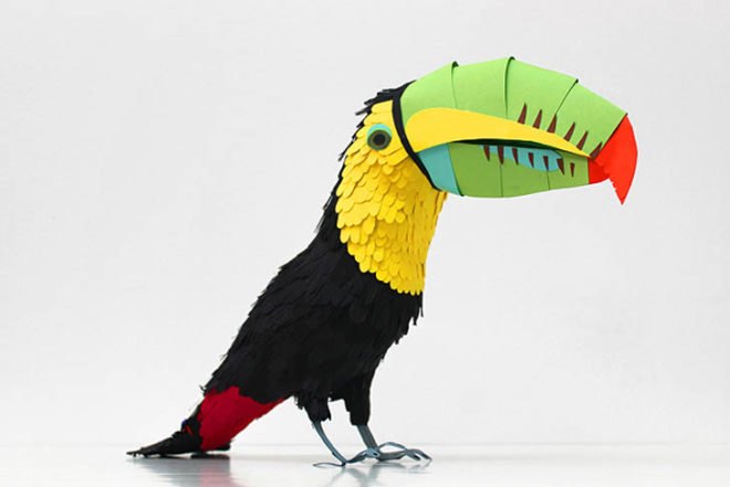 Diana Beltran Herrera, paper birds, paper sculptures, biodegradable paper, colorful birds, Blackbirds, Hummingbirds, swans, toucans, Colombian art, Art, Green Materials, Recycling / Compost