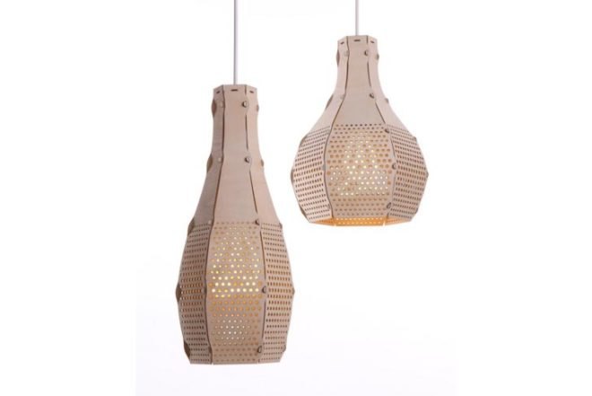 Etienne Esmenjaud, Bud lampshade, FSC birch, plywood, LED Plumen bulb, Desinature, Sustainable Materials, Green Lighting, Green Materials, flat pack, fsc wood, tiny holes, lamp