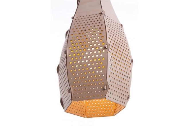 Etienne Esmenjaud, Bud lampshade, FSC birch, plywood, LED Plumen bulb, Desinature, Sustainable Materials, Green Lighting, Green Materials, flat pack, fsc wood, tiny holes, lamp