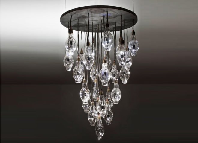 green design, eco design, sustainable design, BRC Design Studio, Benjamin Rollins Caldwell, Recycled chandelier, LED chandelier, recycled light bulb chandelier