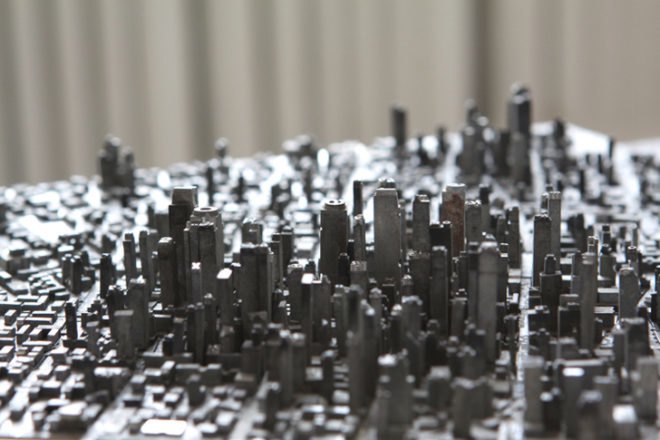green design, eco design, sustainable design, Hong Seon Jang, David B. Smith Gallery, Denver art, recycled art, eco-art, letterpress sculpture, cityscape sculpture, recycled sculpture