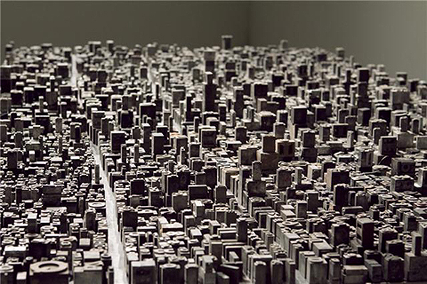 green design, eco design, sustainable design, Hong Seon Jang, David B. Smith Gallery, Denver art, recycled art, eco-art, letterpress sculpture, cityscape sculpture, recycled sculpture