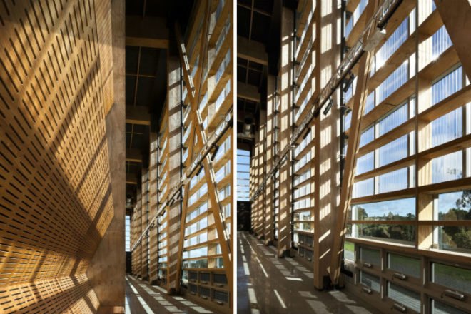 MOTAT, Studio Pacific Architecture, aviation display hall, prefabricated timber beams, louvered facade, sustainable design, new zealand