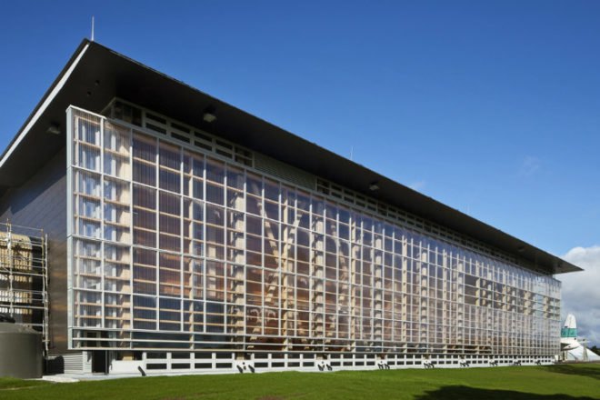 MOTAT, Studio Pacific Architecture, aviation display hall, prefabricated timber beams, louvered facade, sustainable design, new zealand