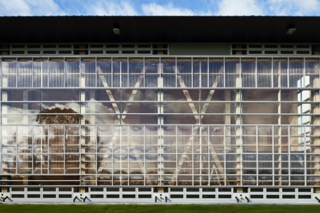 MOTAT, Studio Pacific Architecture, aviation display hall, prefabricated timber beams, louvered facade, sustainable design, new zealand