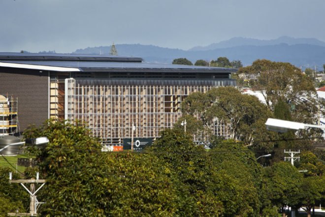 MOTAT, Studio Pacific Architecture, aviation display hall, prefabricated timber beams, louvered facade, sustainable design, new zealand
